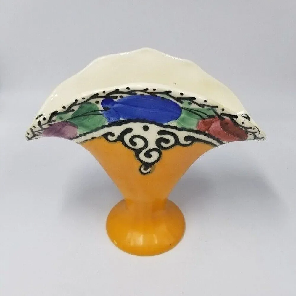 Vintage Art Deco Ceramic Fan Vase Hand Painted Yellow Blue Floral 7.5